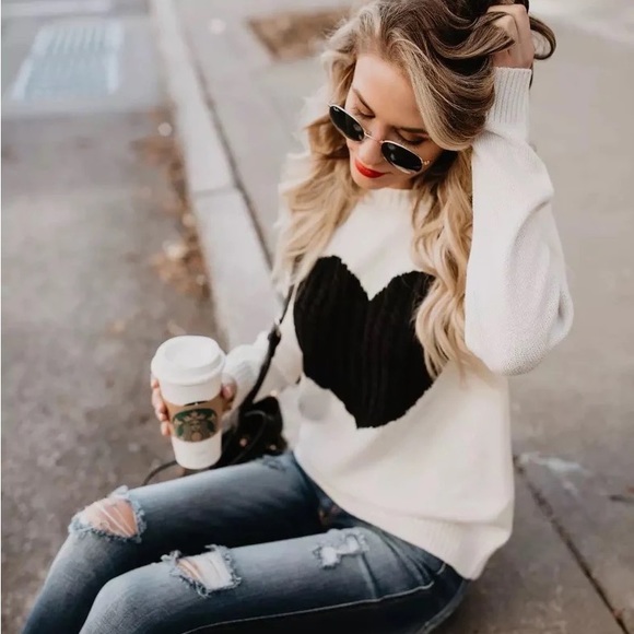 Sweaters - Heart printed pullover knit sweater long sleeve tops
Fits true to size